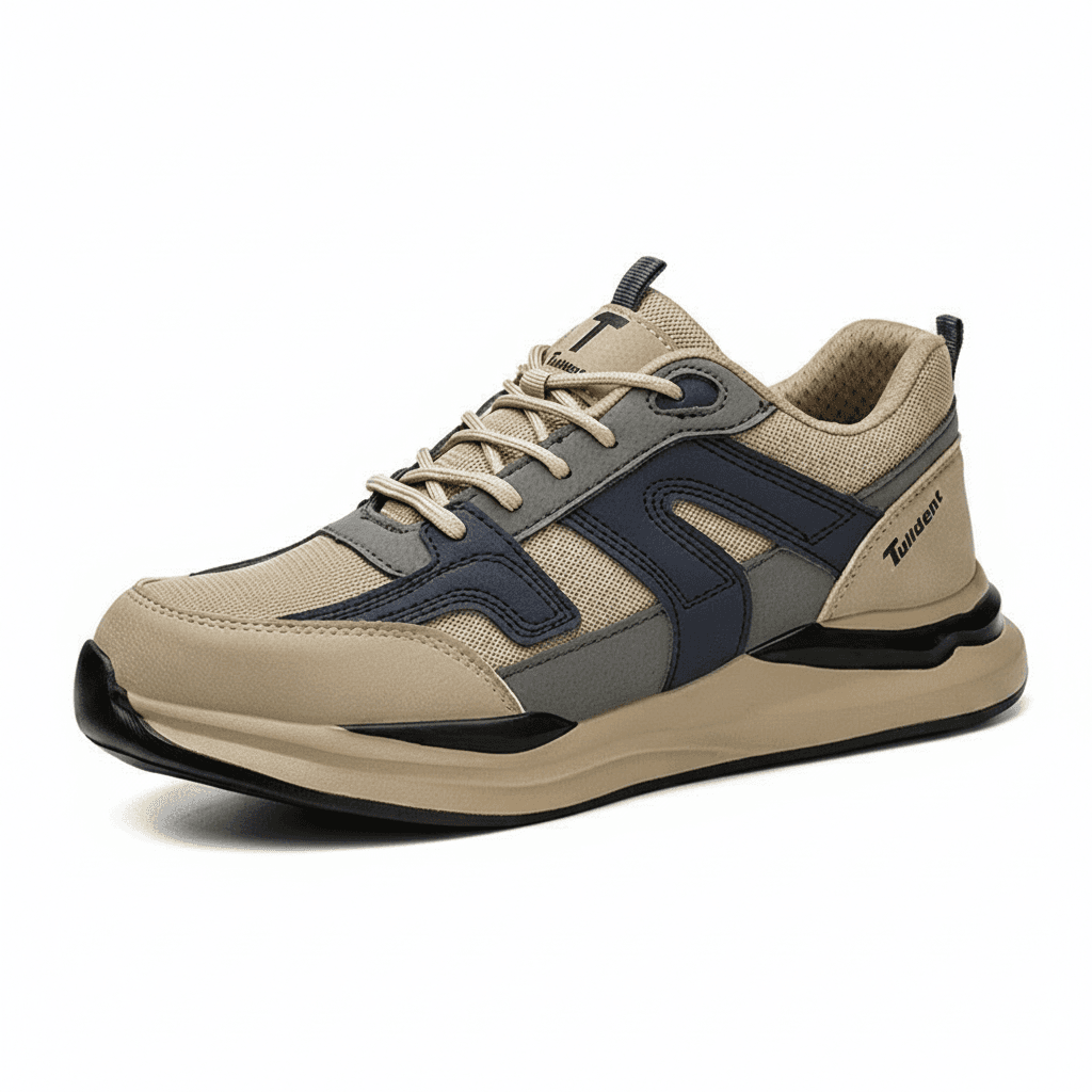 Steel Toe Work Sneakers, a pair of grey and black shoes.