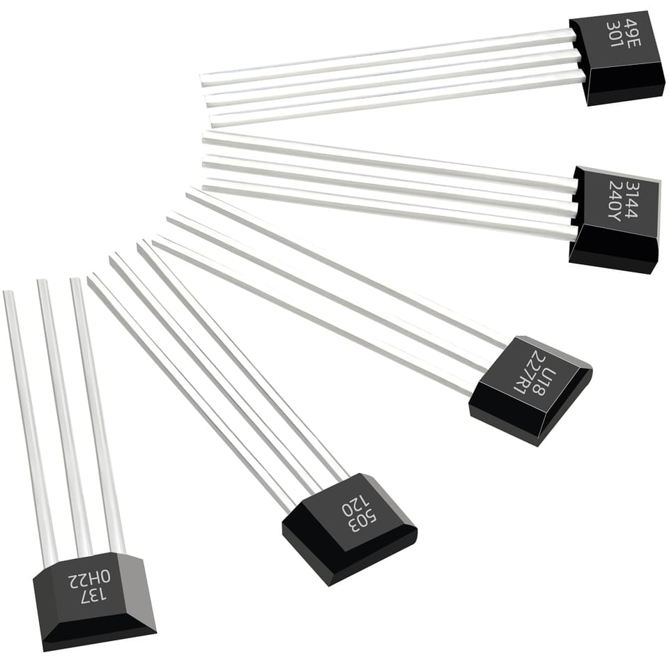 A collection of 10 SS41F A3144 hall effect sensors, TO-92 package, for motor and position sensing with Arduino.