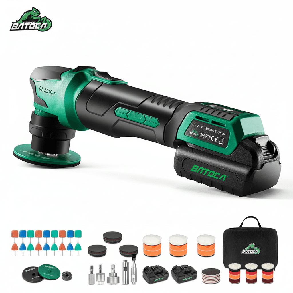 BATOCA S4 cordless sander, a random orbital car polishing machine with 3mm/12mm orbits and two 2.0Ah batteries.