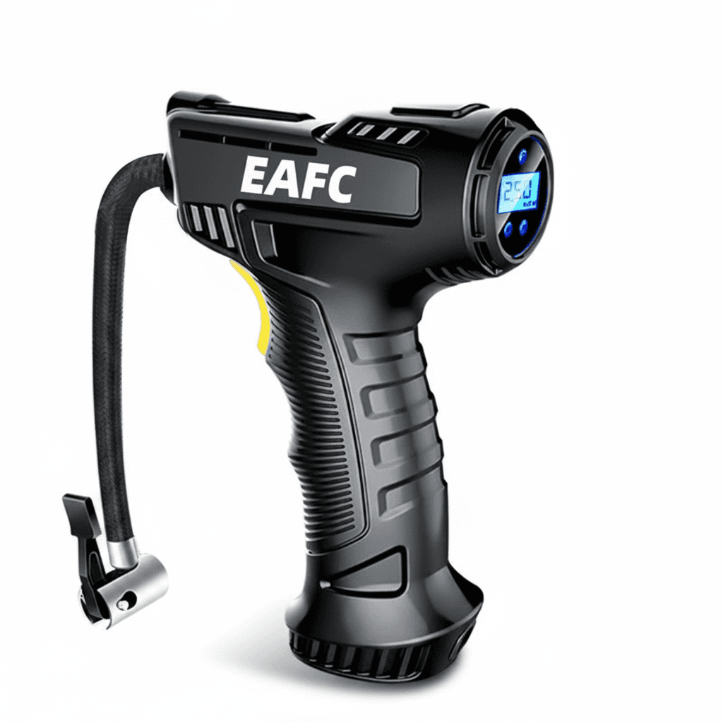 Digital tyre inflator for car, with battery icon and text overlays on white.