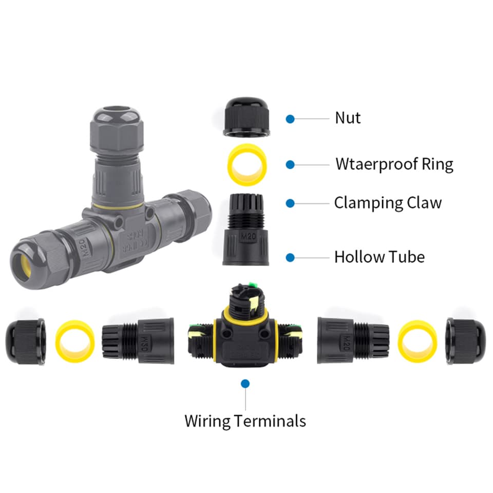 IP68 M20 T-type 3-way waterproof cable connector with 2/3-pin lever wiring terminal, ideal for a splitter cable 16a.