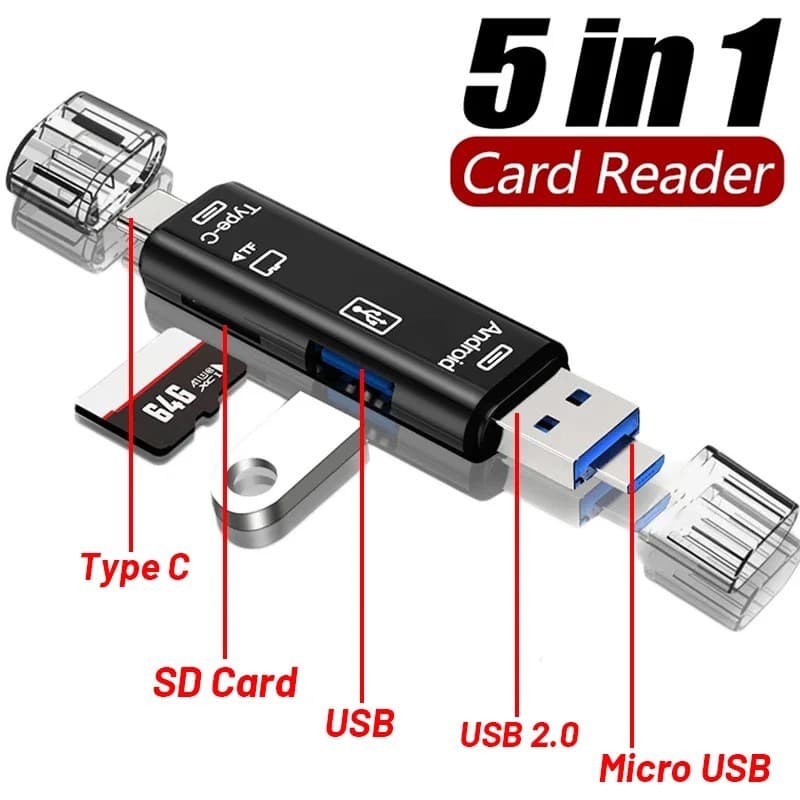 5-in-1 SD Card Reader | USB-C, Micro & USB-A | For Android & PC OTG