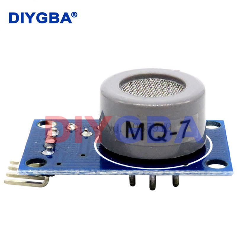 A MQ-7 carbon monoxide gas sensor detection module with a black sensor and green circuit board.
