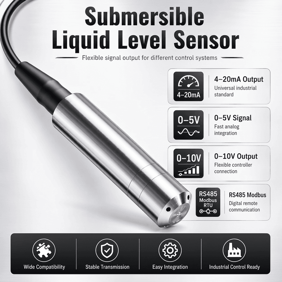 A hydrostatic liquid level transmitter with 0-500M range, offering 4-20mA, 0-10V, or 0-3.3V output, not a pt100 sensor.
