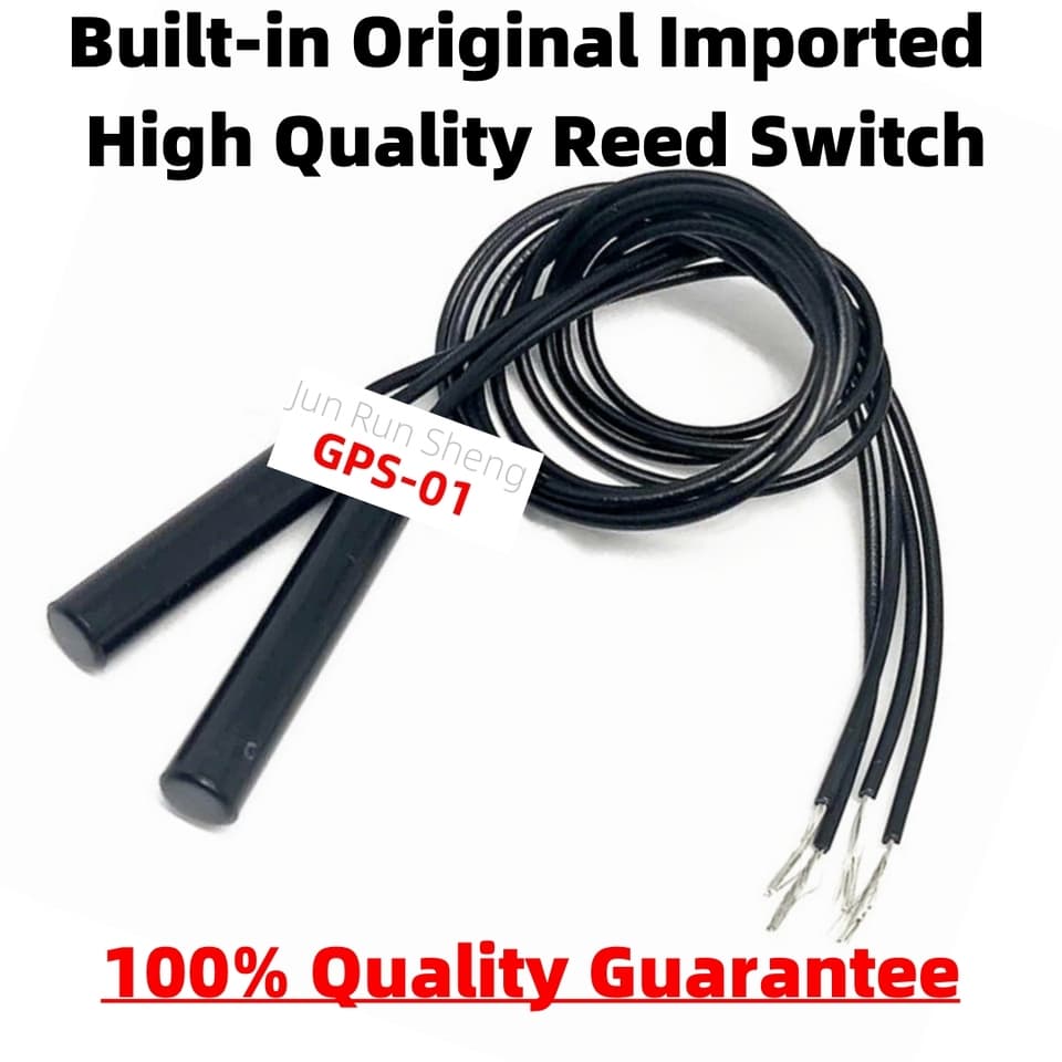 A collection of five GPS-01 magnetic sensor reed switches, available in various sizes (4x18mm to 6x38mm).