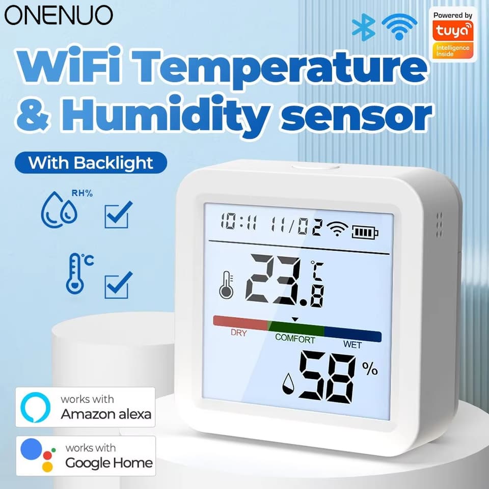 A sleek white Tuya smart humidity sensor with a digital display showing temperature and humidity, compatible with Alexa and Google Home.