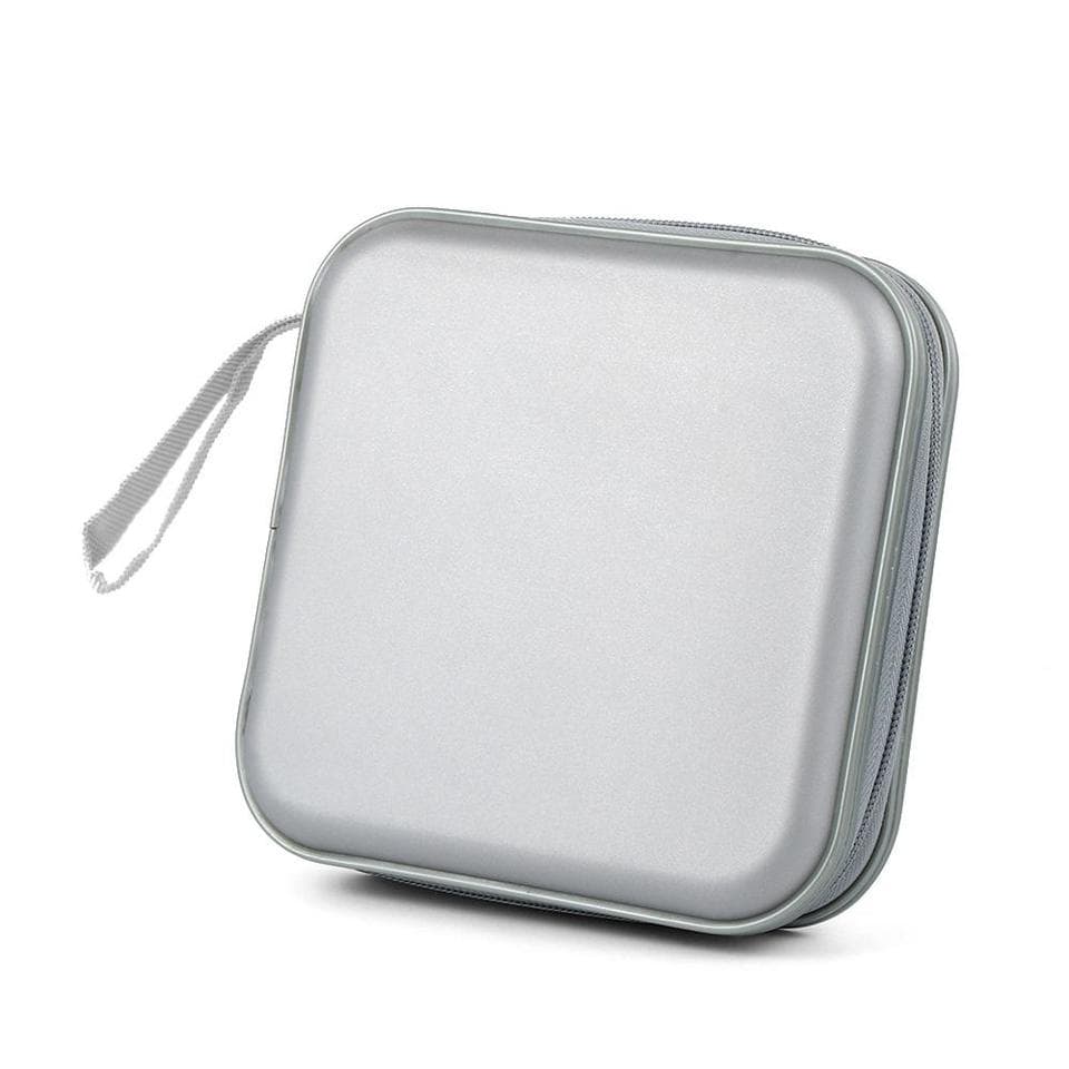 A black portable double-sided cd wallet for 40 discs, shown closed with a zipper, perfect for travel storage.