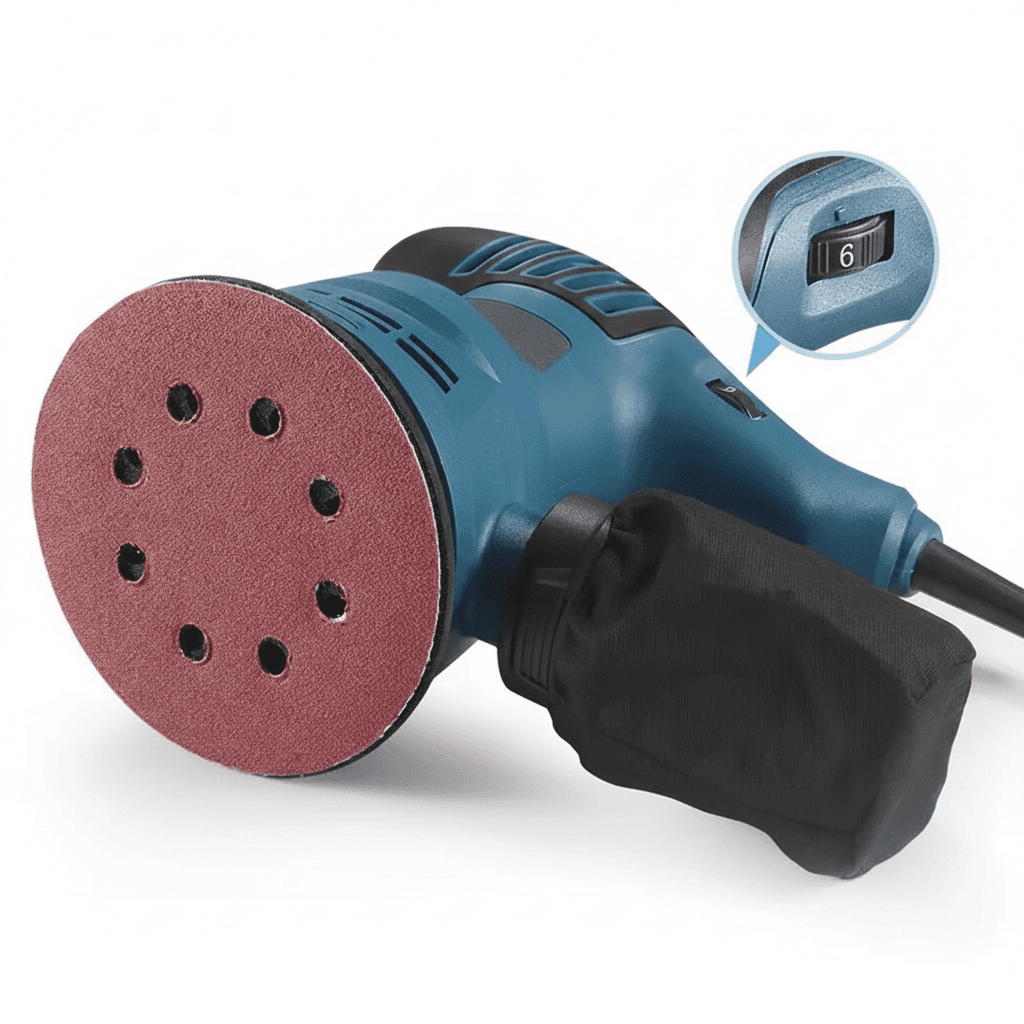 A 300W electric eccentric belt sander with 6-speed adjustment, 5-inch, for wood and car polishing.