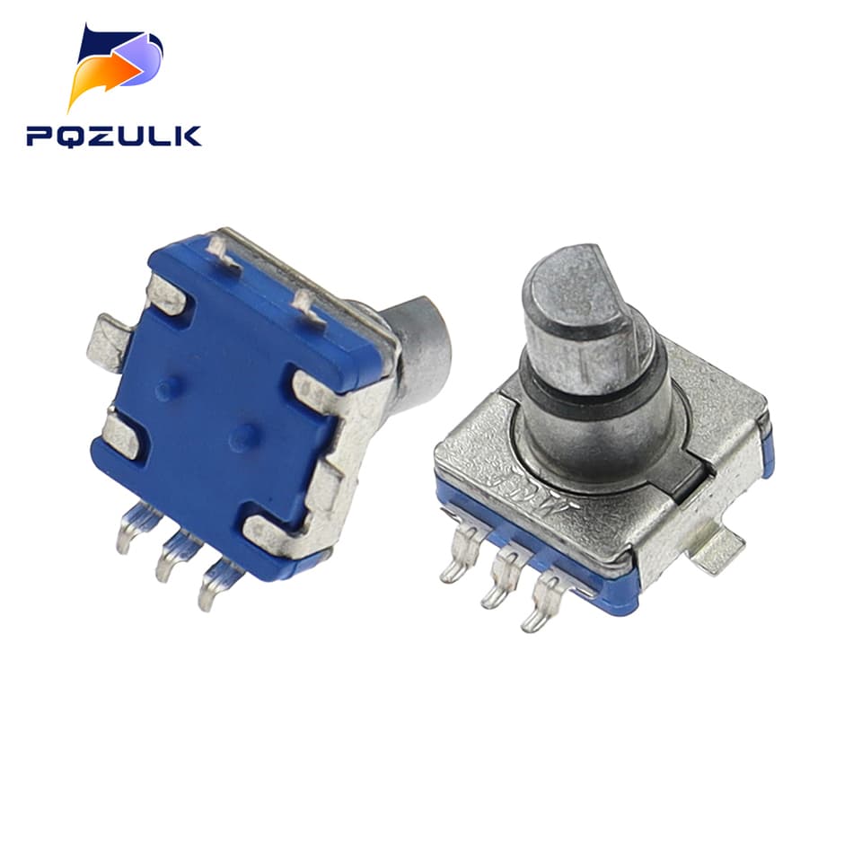 Five EC11 rotary encoder code switches with push buttons, 30 positions, 360-degree rotation, SMD 5-pin plum shaft.