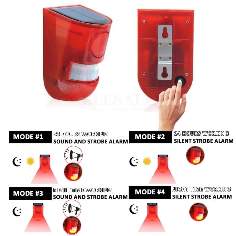 A solar-powered infrared motion sensor alarm with a strobe light and 110db siren, also featuring a tilt sensor for enhanced security.