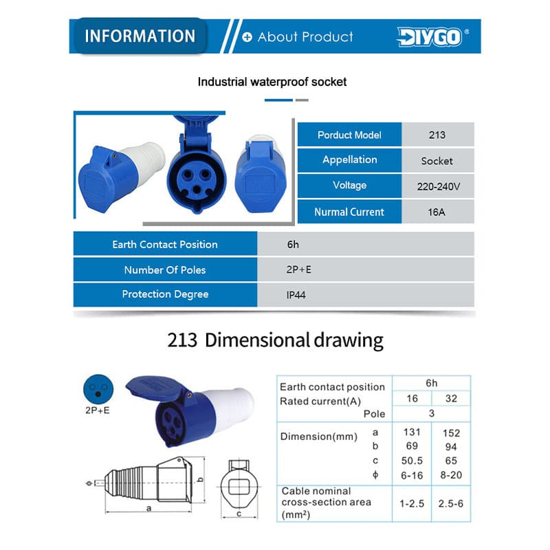 DIY GO 16A 3Pin 220-240V IP44 waterproof commando socket for industrial power connections.