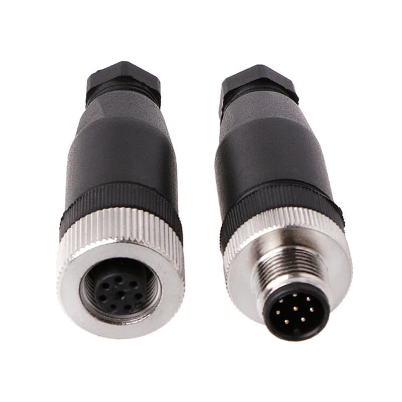 Black M12 sensor connector, waterproof male and female plug with screw threaded coupling.