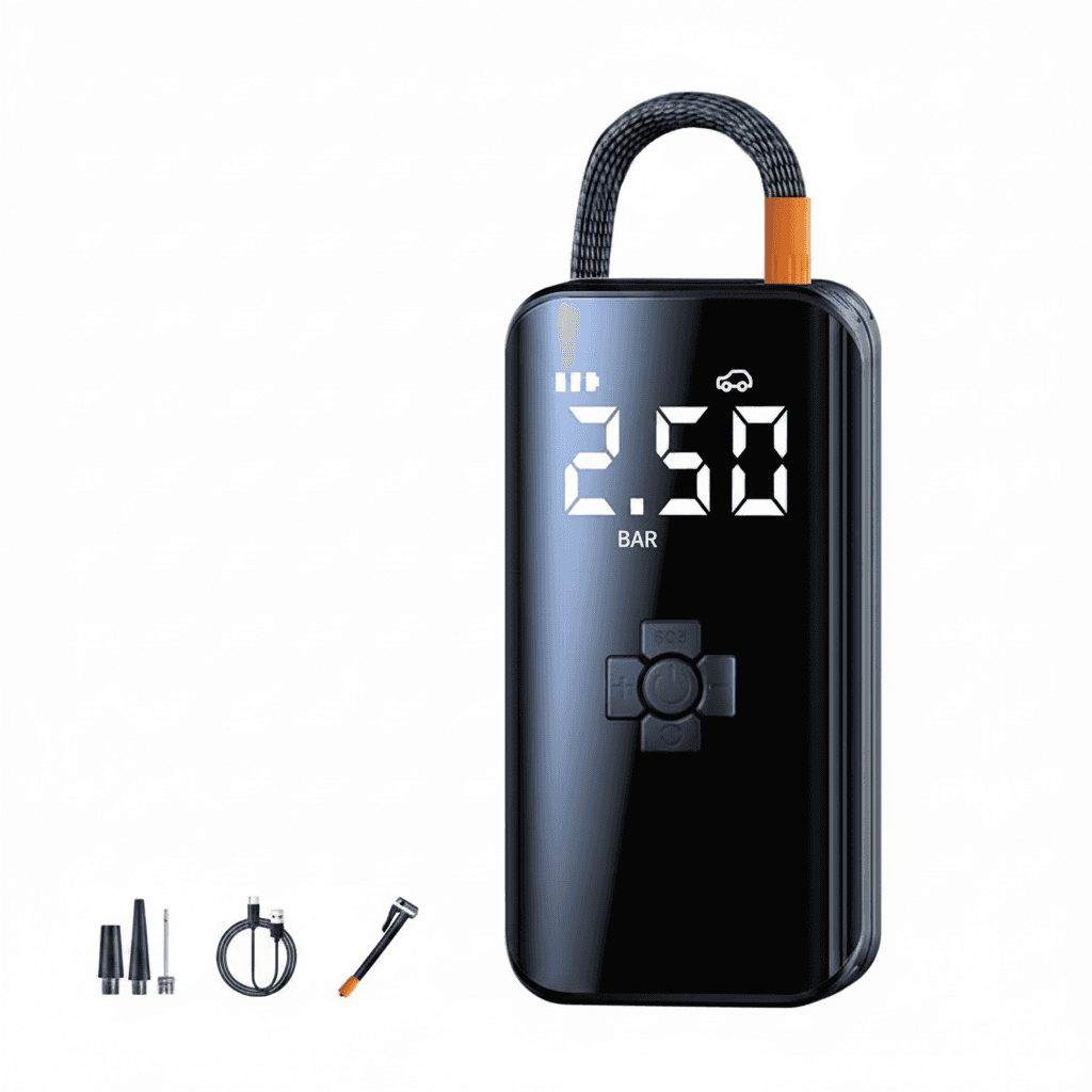 Digital tyre inflator for car with brand logo and accessories on white.