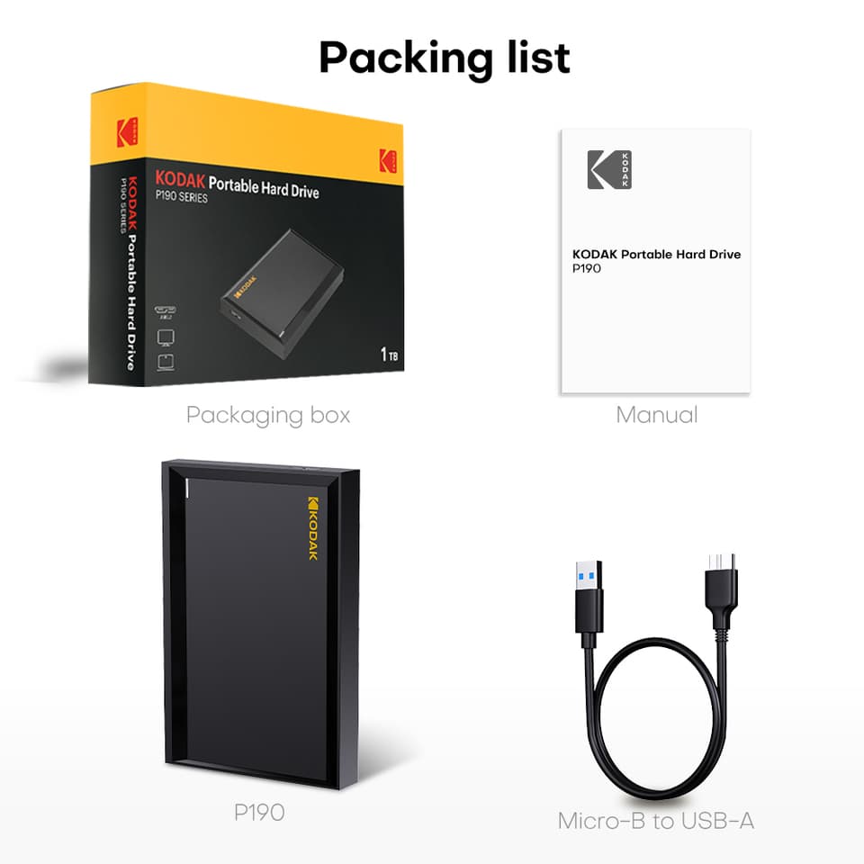 KODAK P190 1TB USB 3.0 portable external hard drive, ideal for laptop and gaming storage.