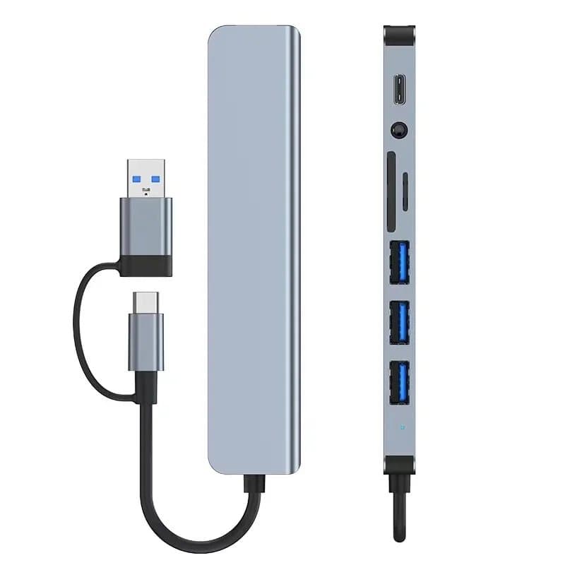 8-in-2 USB-C hub with multiple ports, including USB 3.0/2.0, SD/TF card reader, and cfast card reader.