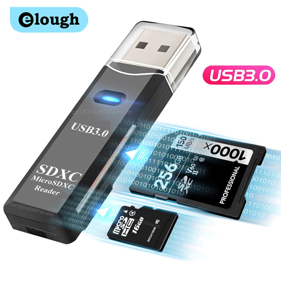 Compact 2-in-1 TF SD card reader with USB 3.0 and USB 2.0 for PC and laptop accessories.