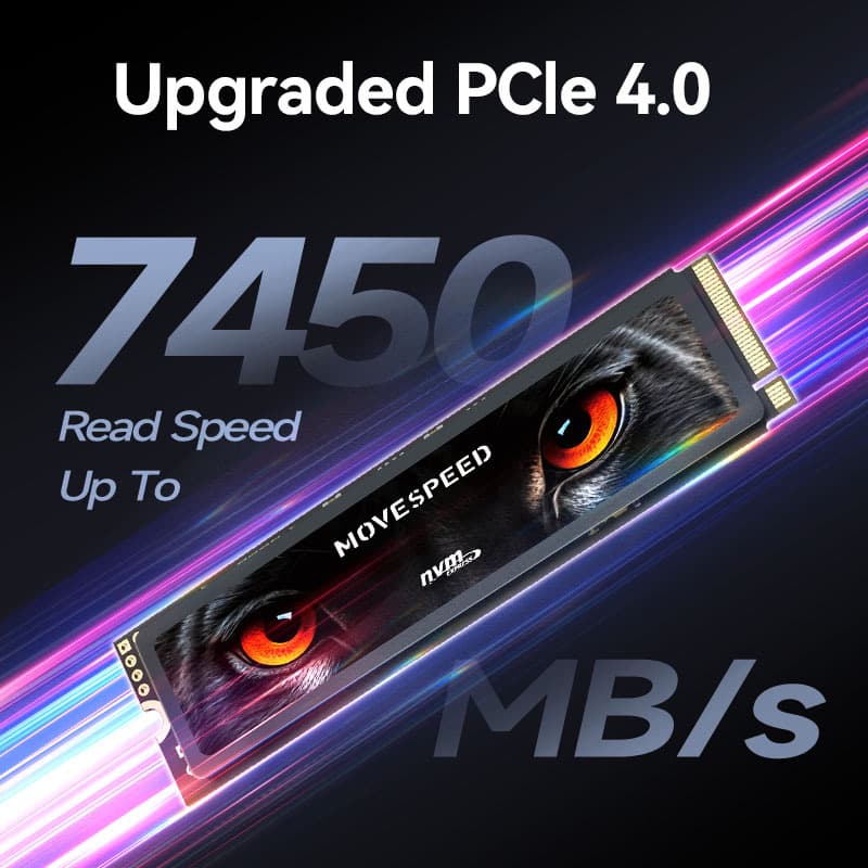 High-performance MOVESPEED 7450MB/s M.2 SSD NVMe PCIe 4.0x4, available in 1TB, 2TB, and 4TB capacities.