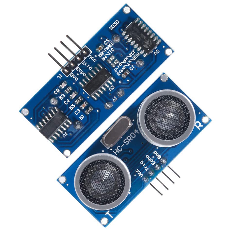 A 5-pack of HC-SR04 ultrasonic vibration sensor modules with mounting brackets and wires.