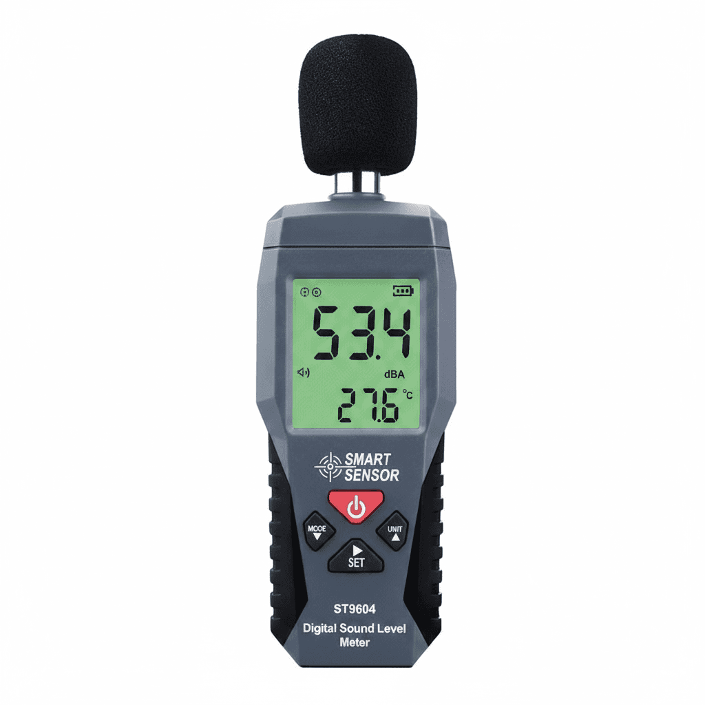 Digital Decibel Meter, front view, showing display and buttons.