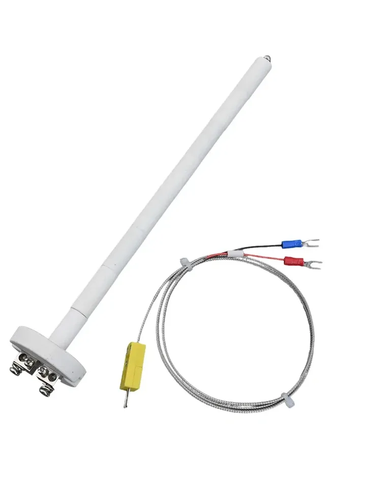 Long ceramic tube Type K thermocouple with 1m extension cord, for high-temperature kilns.