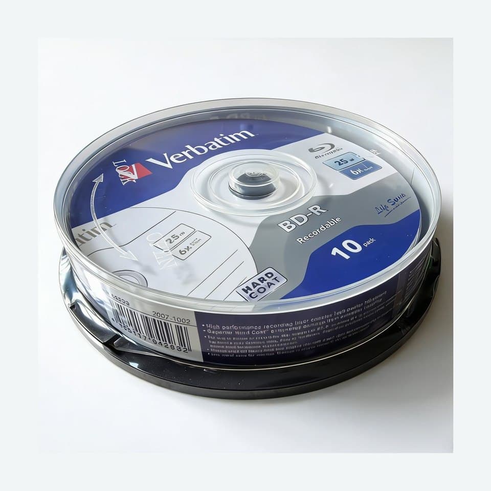 Verbatim BD-R 25GB 6X Recordable Blue Ray Disc, a pack of 10 blank blu ray disc media.