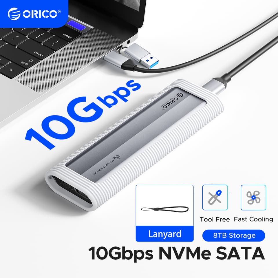 M.2 NVMe enclosure with a USB-C cable and an open lid, showcasing the internal interface.