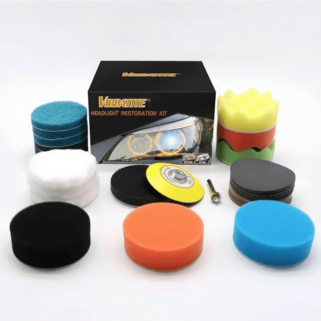 41 Pcs 3 Inch Car Headlight Restoration Kit, including sanding discs, backing pad, scouring pads, and wool buffing sponge polishing pads.
