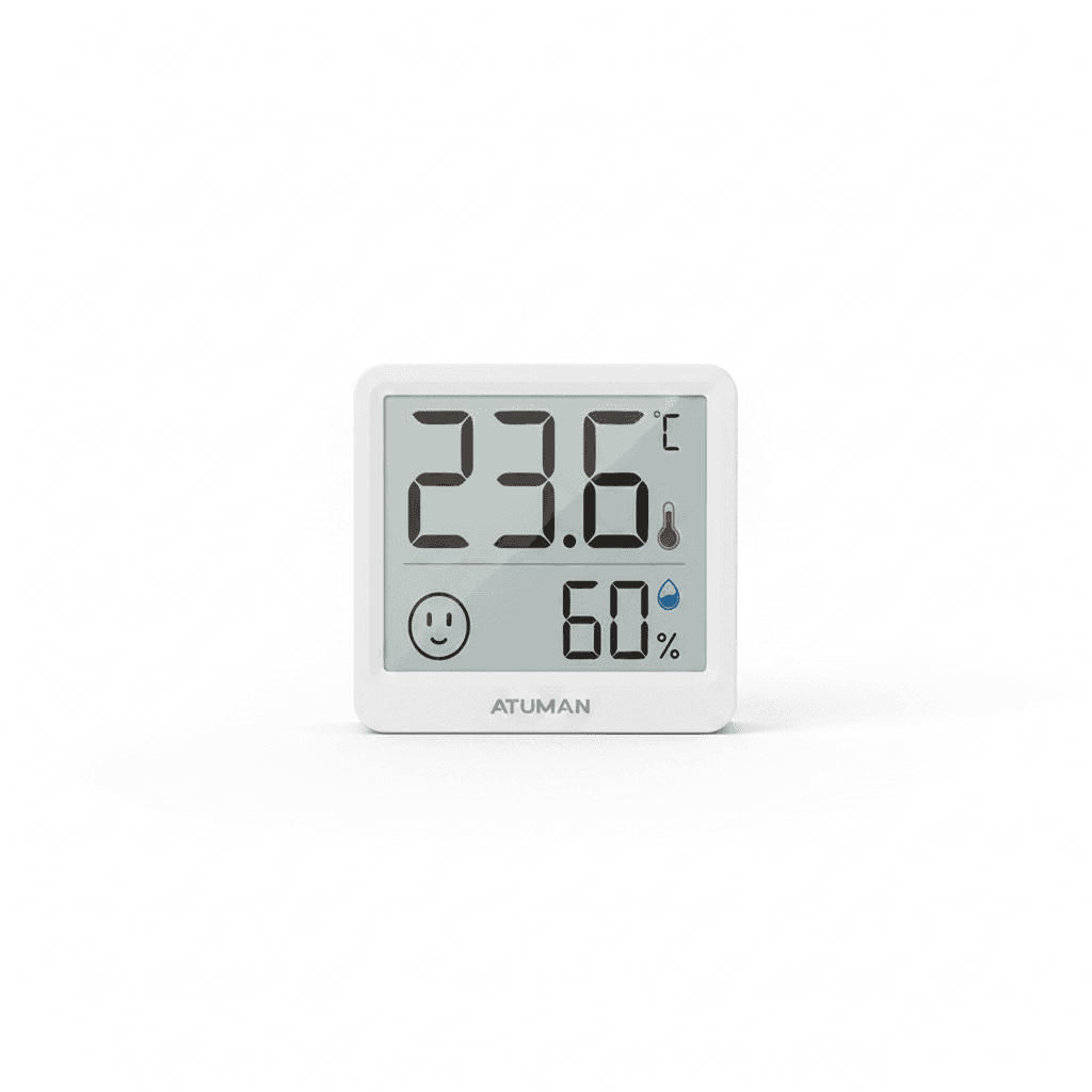 Digital Temperature & Humidity Moisture Meter, front view.