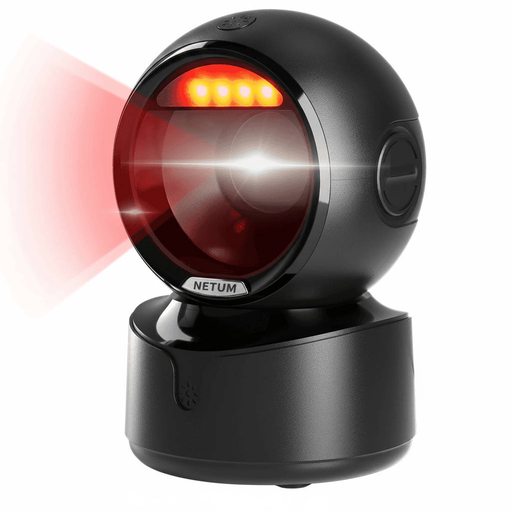 Desktop 2D Barcode Scanner, front view.