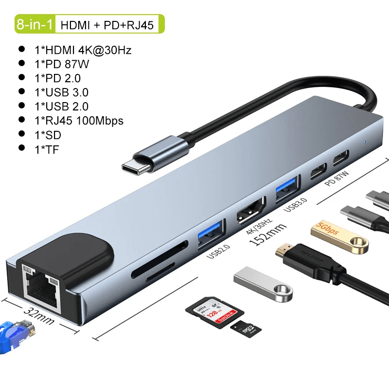 USB-C Hub 8-in-1 Adapter | 4K HDMI, RJ45 & PD | SD/TF Card Reader
