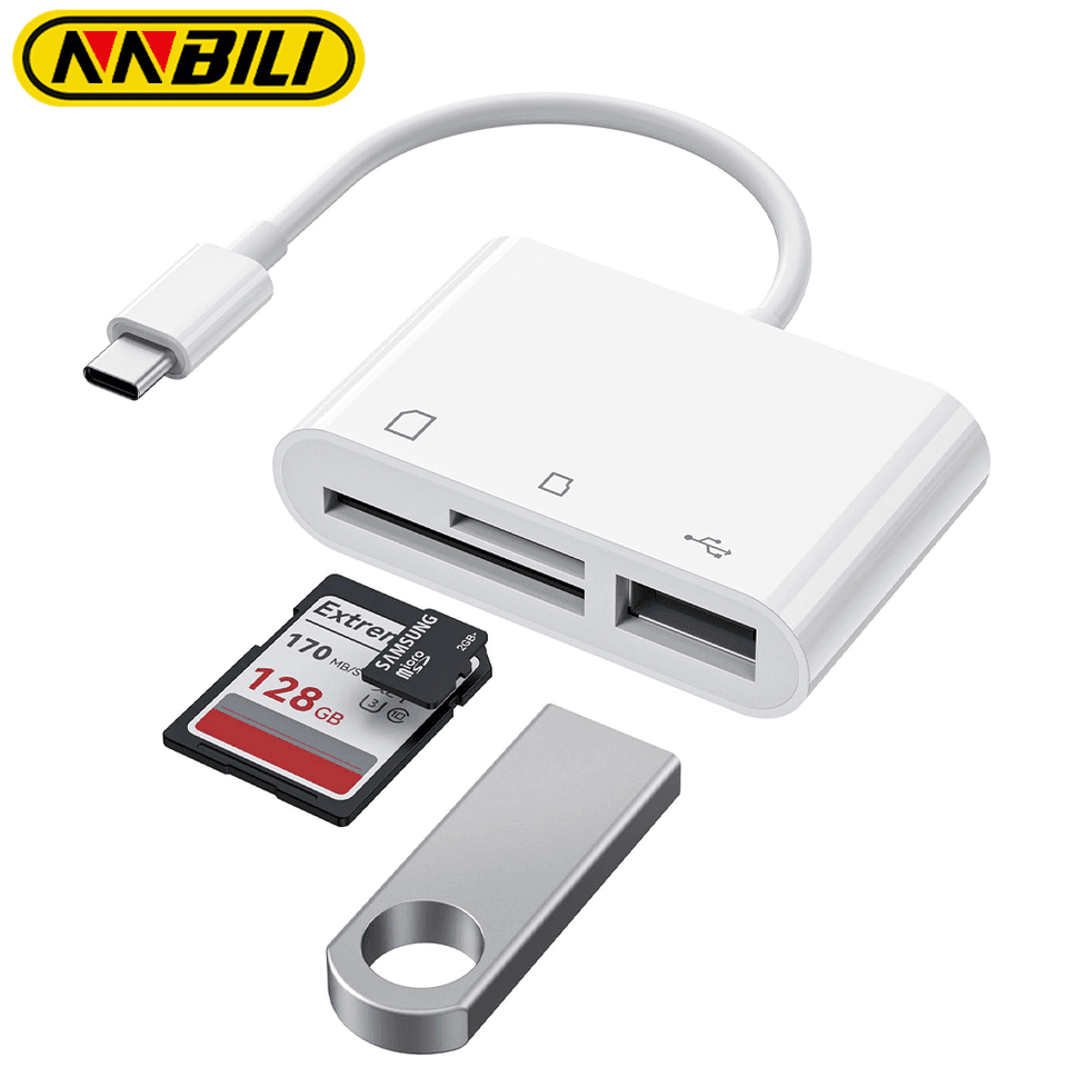 NNBILI USB C SD TF memory card reader, a 3-in-1 Type C adapter for various devices.