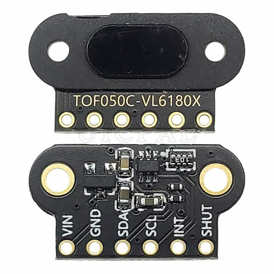 Compact Time-of-Flight laser distance sensor module with I2C output, connected to a microcontroller.