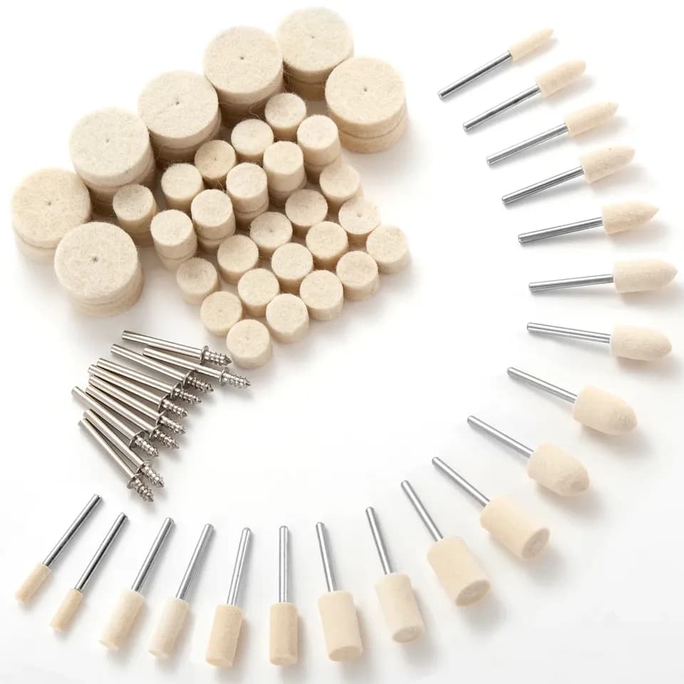 An 80-piece set of wool polishing wheels for Dremel tools, featuring 1/8-inch shank felt buffing pads, perfect for jewelry and metal polishing, and other rotary tool accessories.