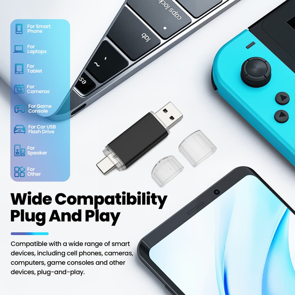 64GB USB C thumb drive with USB 2.0 and Type-C for high-speed data transfer to Mac, Samsung, iPad, and PC.