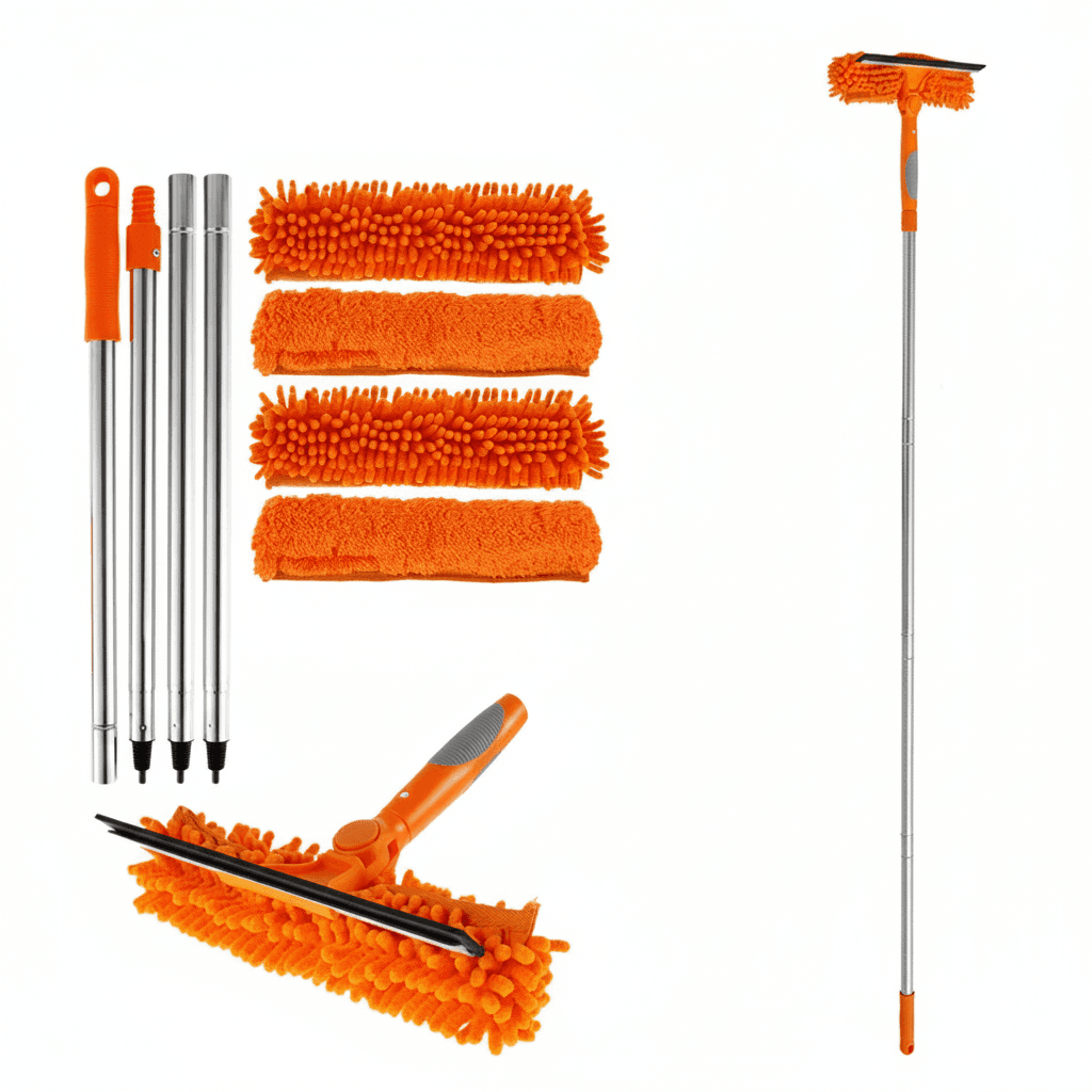 Squeegee for window cleaner: collage of parts, dimensions, and person for scale.
