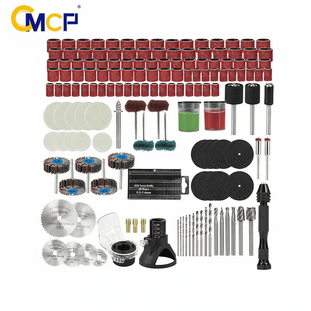 Rotary tool accessories kit, featuring various sanding drum bits, grinding stones, and polishing wheels for power drills.