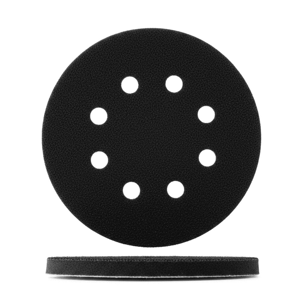 Two 5-inch 8-hole hook and loop orbital sander pads for cushioning and improved sanding.