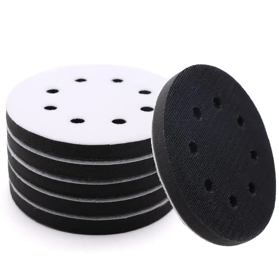 Six 5-inch 8-hole hook and loop soft sponge interface pads for a drywall sander.