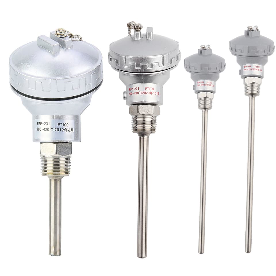 A stainless steel RTD PT100 sensor probe with a 1/2" NPT thread and terminal head.