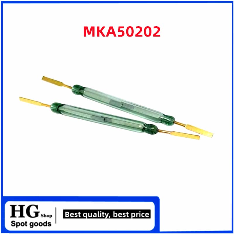 Five MKA50202 reed switch tubes, 5x50MM, designed for high-power, high-current applications up to 5A/250W.