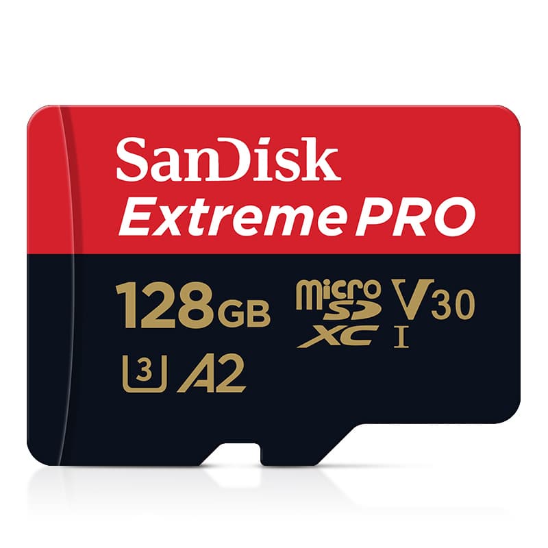 SanDisk Extreme Pro 128GB micro sd card, a high-performance memory card with UHS-I U3 V30 for 4K video.