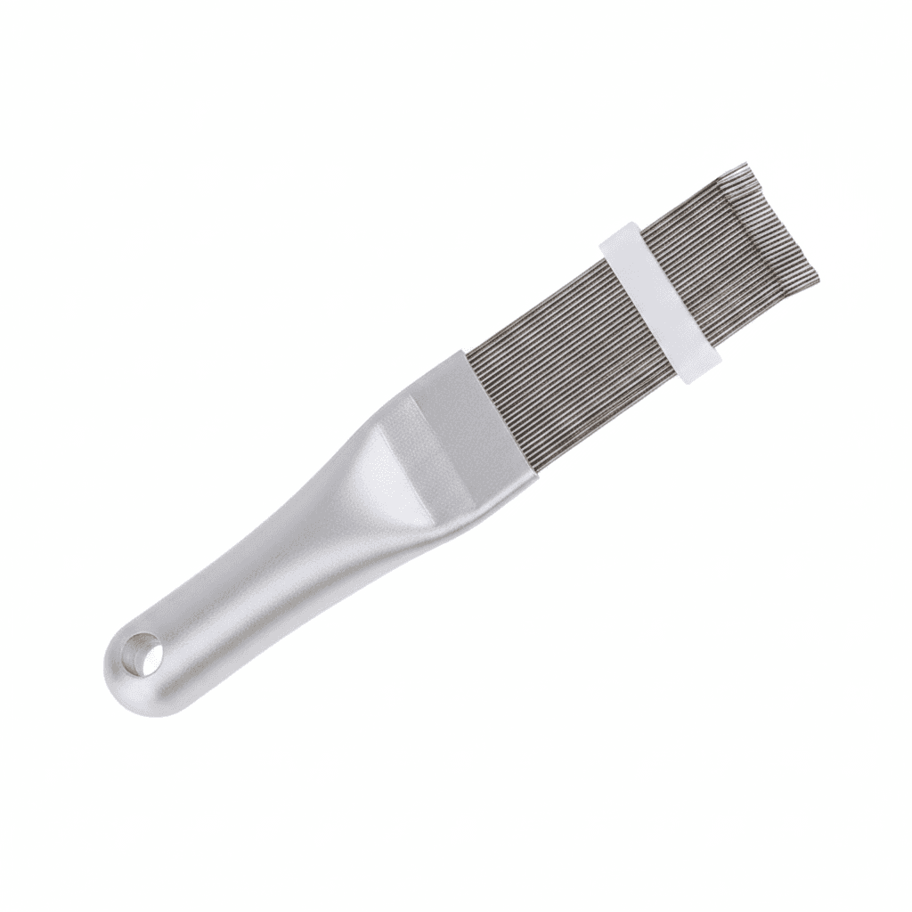 Radiator cleaning brush, showing its flexible bristles and long handle.