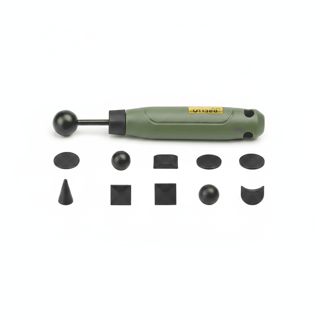 A pen-type mini sander, a reciprocating random orbital sander tool with various sanding heads and sandpaper.