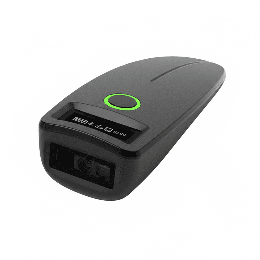 2D Barcode Scanner, a black handheld device with a red scanning window.