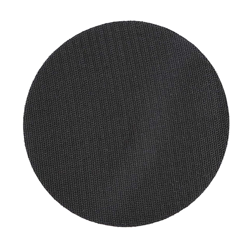 A black sander backing pad with a hook and loop surface, available in various sizes for polishing and buffing.
