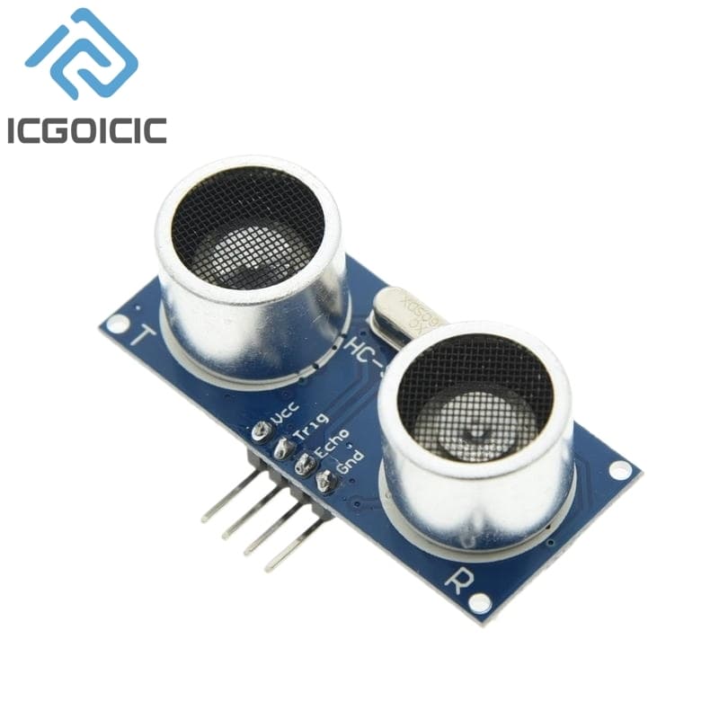 An HC-SR04 ultrasonic sensor module for distance measurement, featuring two transducers and a control board.