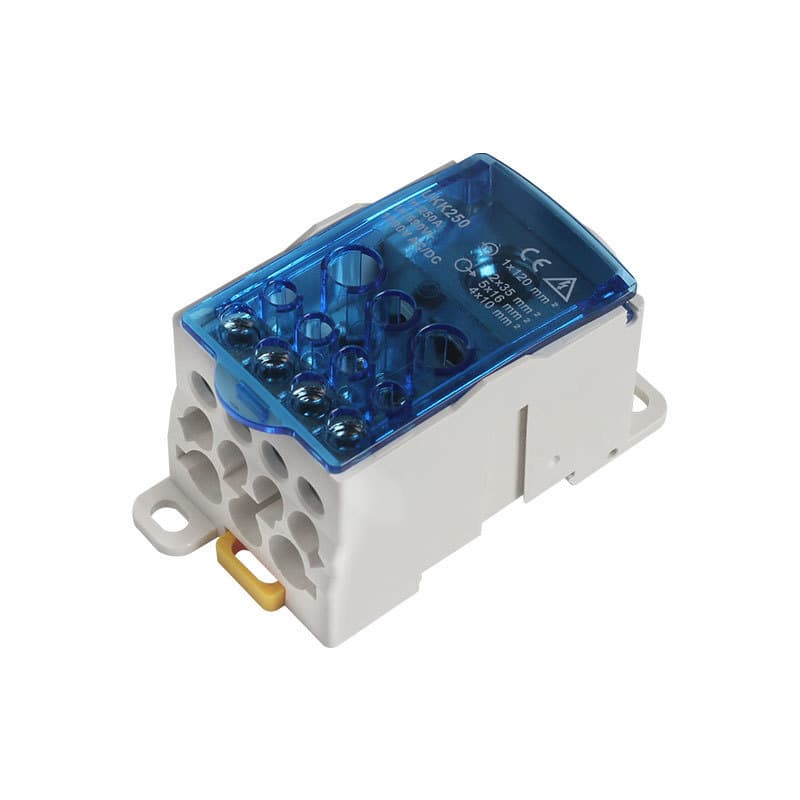 An UKK Din rail terminal block power distribution box, serving as a reliable site power splitter for electrical wiring.