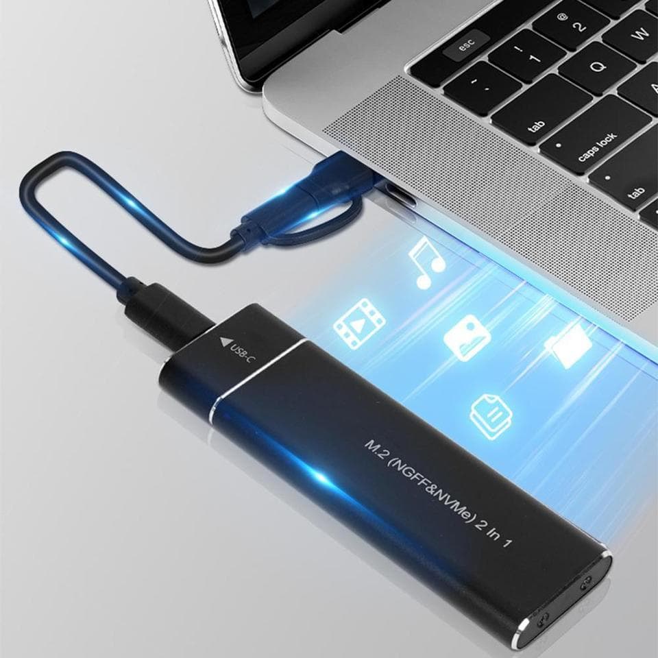 Dual protocol M.2 NVMe enclosure, supporting both NVMe and SATA SSDs with USB 3.1 Type-C.