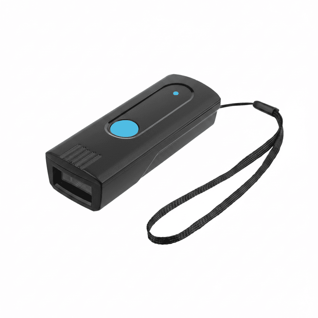 Mini Barcode Scanner, a compact black device with a red scan window.