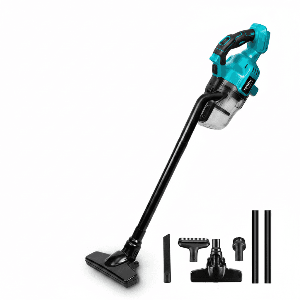 Cordless Carpet Spot Cleaner with specs, 'No Battery' warning, inset, and accessories.